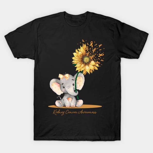 KIDNEY CANCER AWARENESS Cute Elephant Sunflower Orange Ribbon Gift T-Shirt by Benjie Barrett